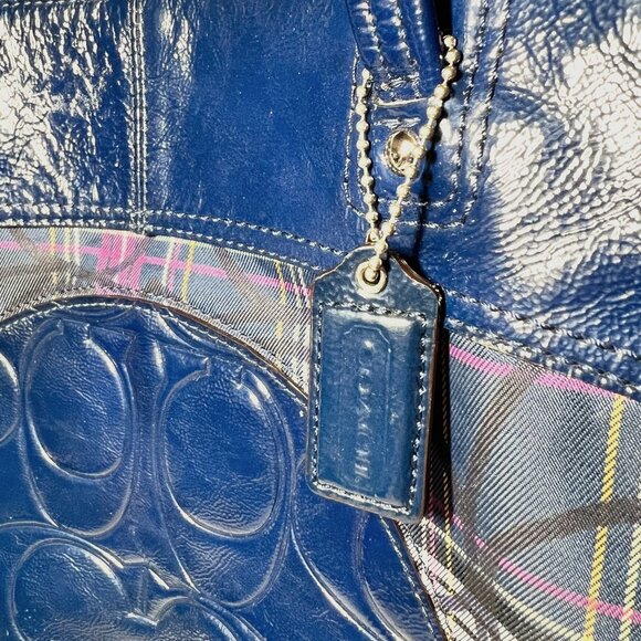 Coach Tote-Plaid-Navy Blue/Pink Mix-G1273-F20109-Large Purse-1 Zip Closure-Light - Picture 6 of 16